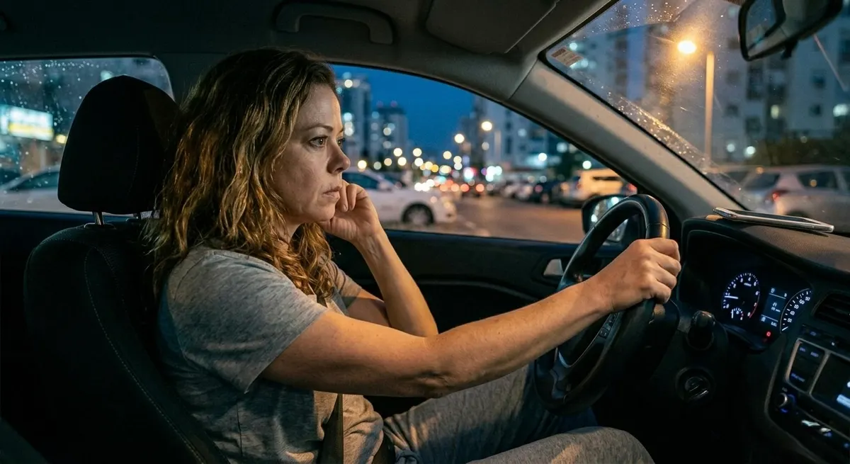 אדם יושב ברכב בלילה עם ידיים על ההגה לאחר הודעה מלחיצה, כסמל למערכת העצבים שמגיבה לפני ההיגיון