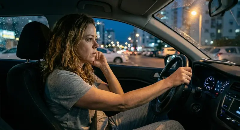 אדם יושב ברכב בלילה עם ידיים על ההגה לאחר הודעה מלחיצה, כסמל למערכת העצבים שמגיבה לפני ההיגיון