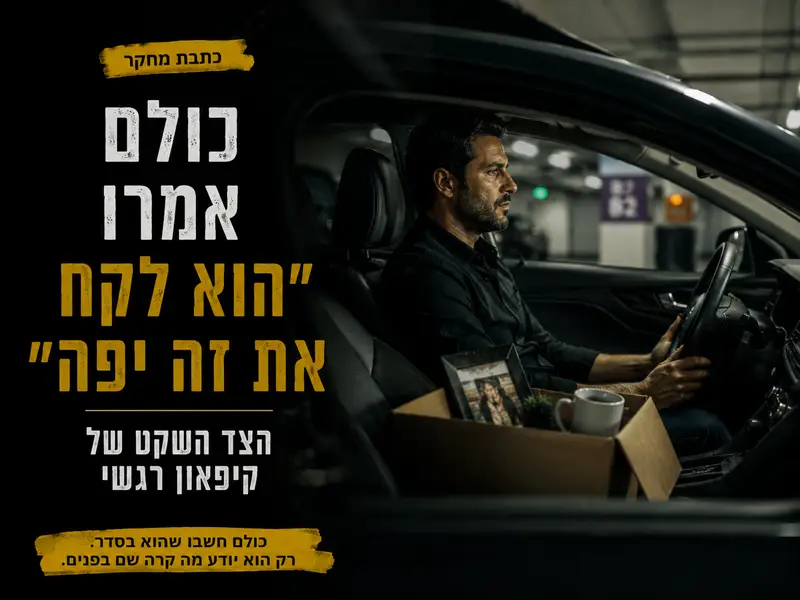 גבר יושב ברכב בחניון לאחר שיחה קשה ונראה רגוע אך מנותק