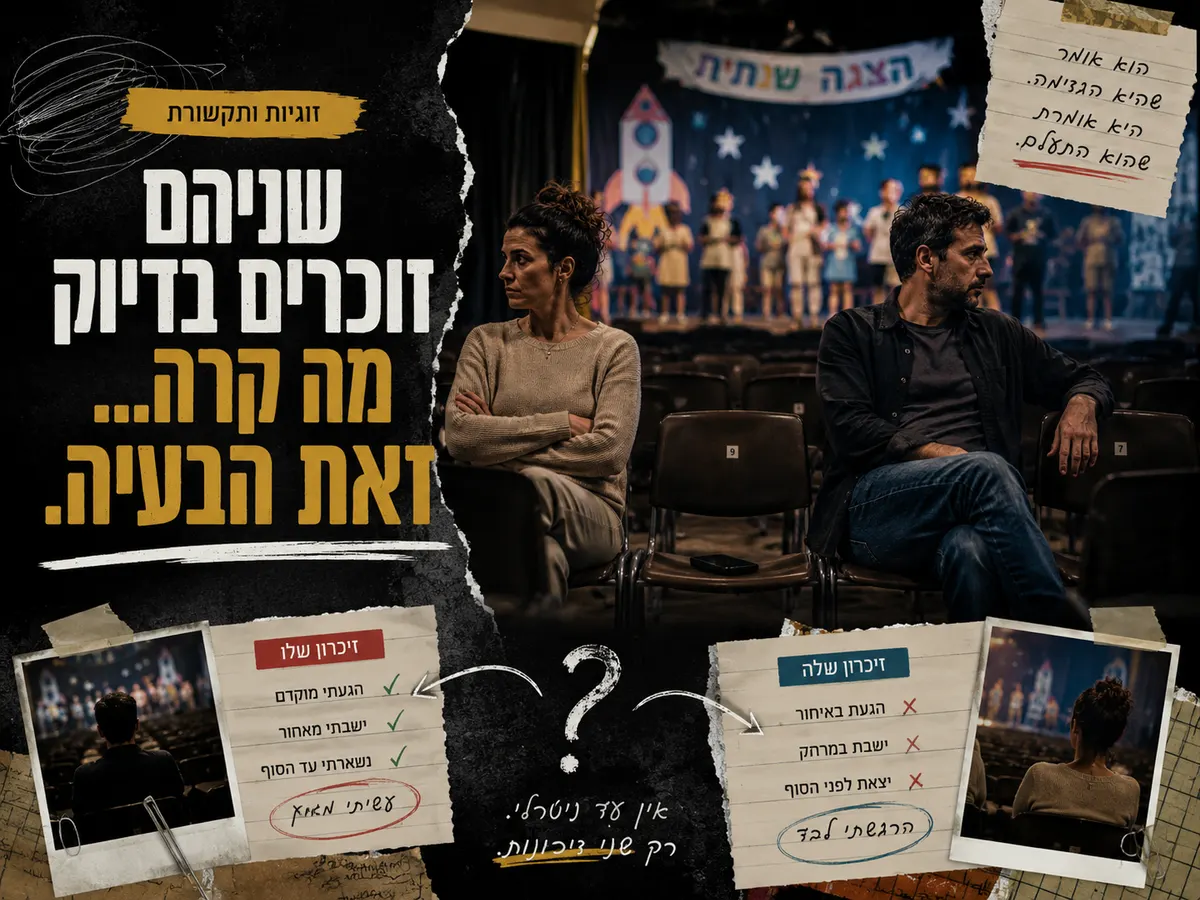 בני זוג יושבים באולם בית ספר ריק לאחר ויכוח על אירוע ששניהם זוכרים אחרת