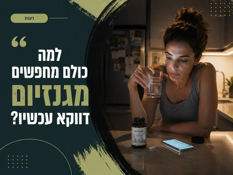 אישה עומדת במטבח בשעת לילה לצד כוס מים ותוסף מגנזיום