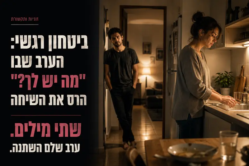 זוג ישראלי במטבח אחרי ערב שקט, רגע שבו ביטחון רגשי מתחיל להיסדק