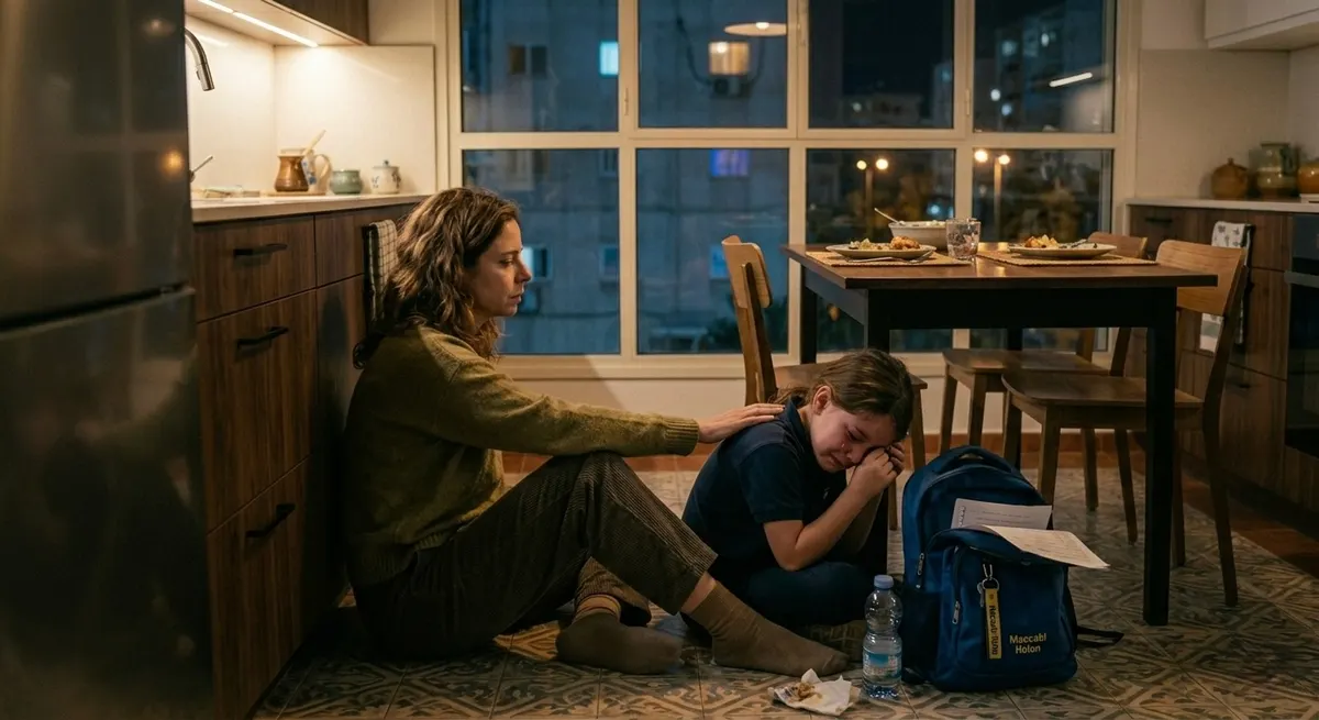 הורה יושב על רצפת המטבח ליד ילד בוכה, כסמל להורות, ויסות רגשי ומערכת העצבים ברגעים קשים