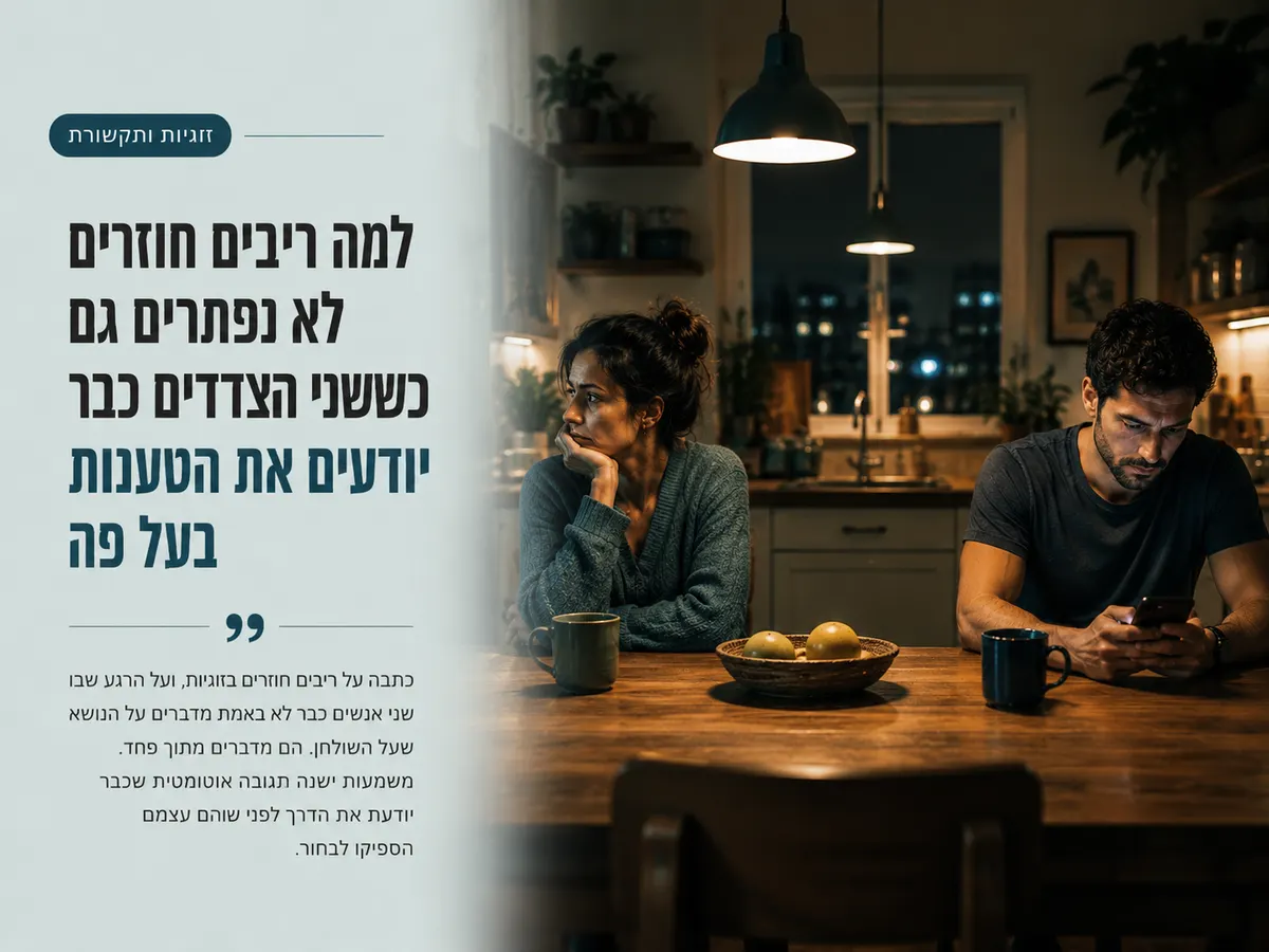 זוג יושב בשקט אחרי ריב חוזר במטבח ביתי