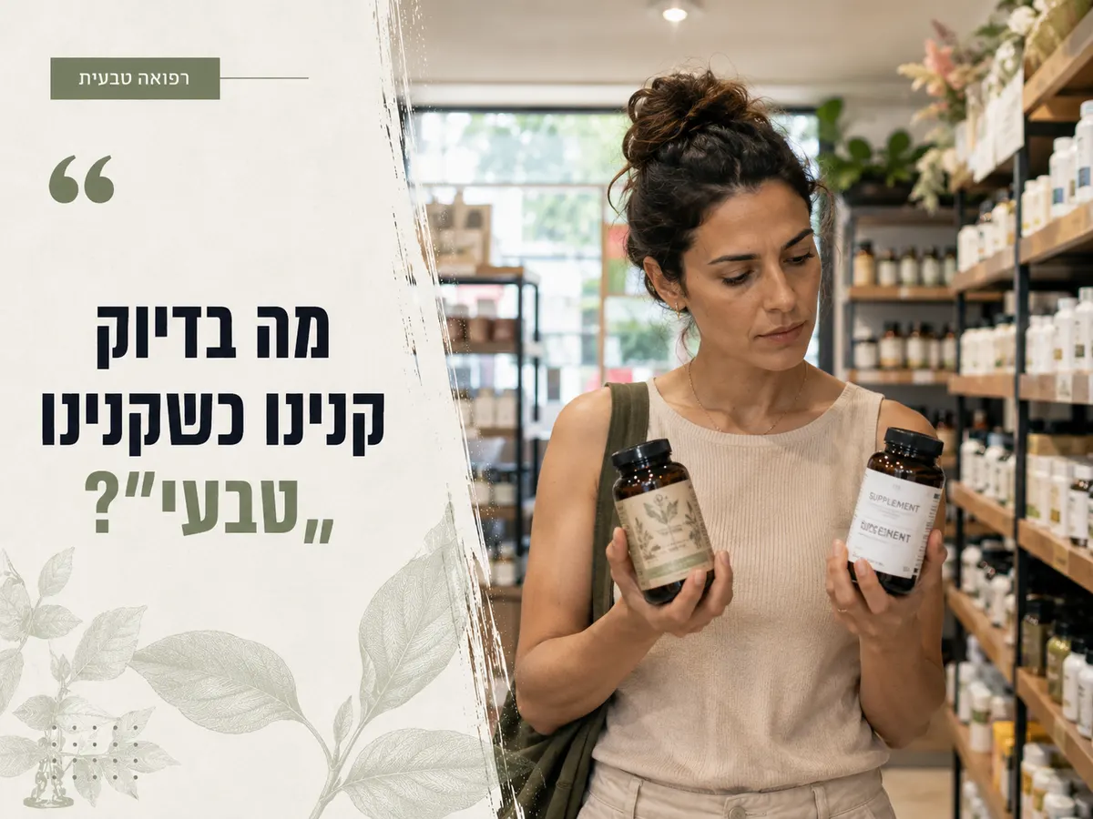 צרכנית משווה בין שני מוצרים בחנות טבע ובוחנת את ההבטחה שמאחורי המילה טבעי