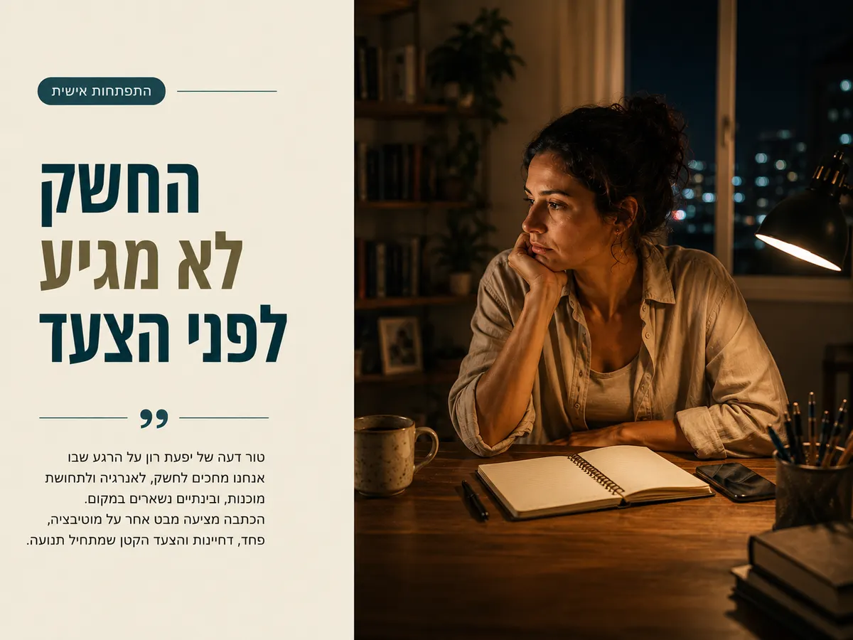 אישה יושבת מול דף ריק בלילה ומתמודדת עם חוסר מוטיבציה להתחיל