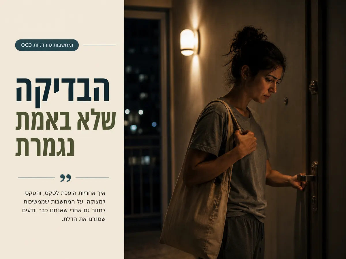 אדם עומד ליד דלת בלילה ובודק שוב את המנעול בתחושת אחריות