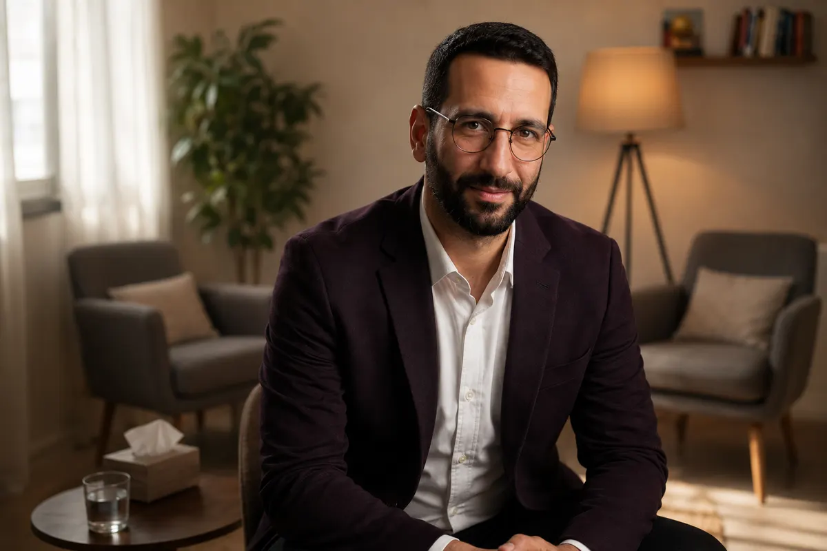 יקיר חיוט בחדר ייעוץ חם ומקצועי כסמל לביטחון רגשי בזוגיות