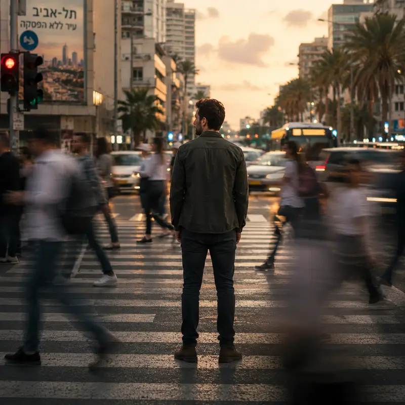 אדם עומד במעבר חציה עמוס כסמל לחרדה, מערכת העצבים ותחושת דחיפות פנימית