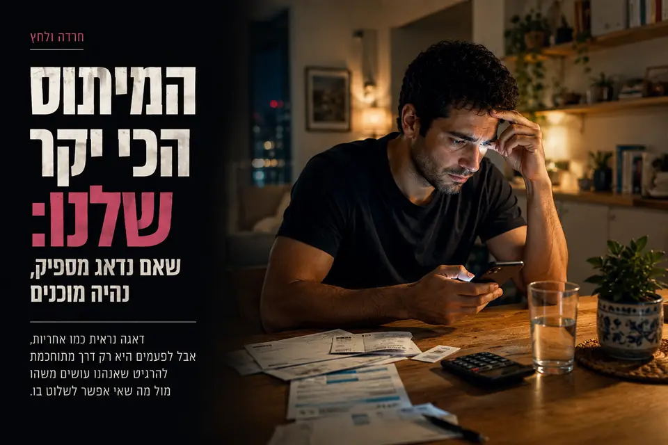 אדם יושב בלילה ליד שולחן מטבח עם טלפון ביד, בזמן שדאגה וחוסר ודאות ממלאים את החדר