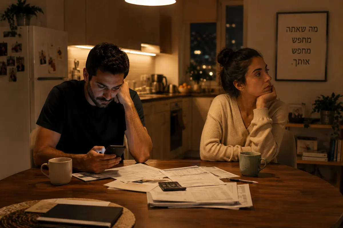 זוג יושב במטבח בלילה מול חשבונות וטלפון כסמל לוויכוחים בזוגיות ולביטחון רגשי