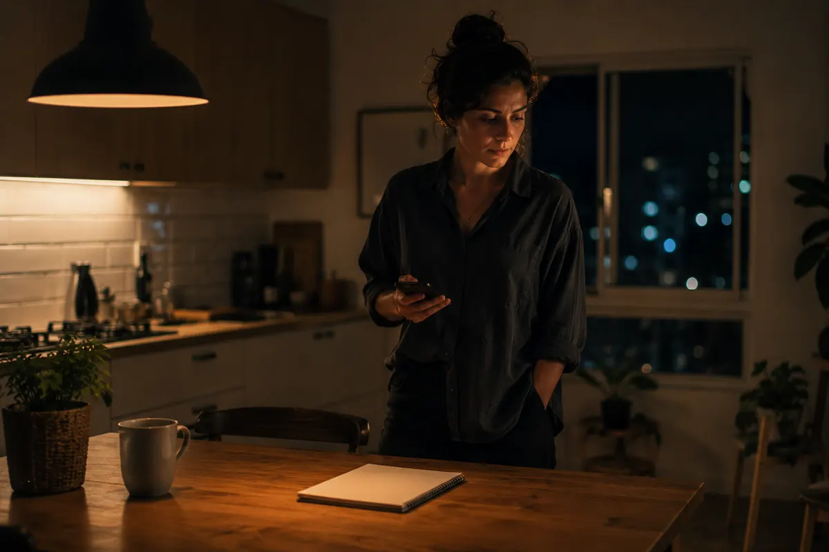אדם עומד במטבח בלילה וחוזר להרגל ישן למרות החלטה להשתנות