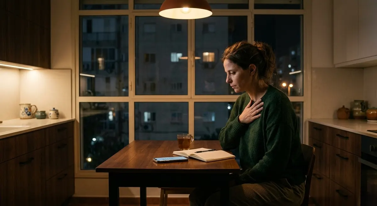 אדם יושב במטבח ישראלי בלילה מול הודעה שלא נענתה, כסמל לחוסר ודאות ולמוח שמחפש תשובה
