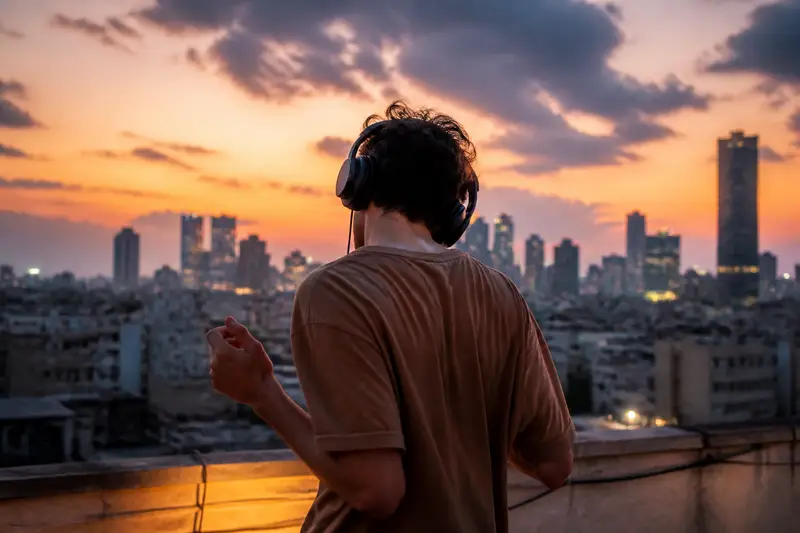 גבר עם אוזניות על גג בתל אביב בשקיעה, מתחיל לזוז לקצב מול קו הרקיע