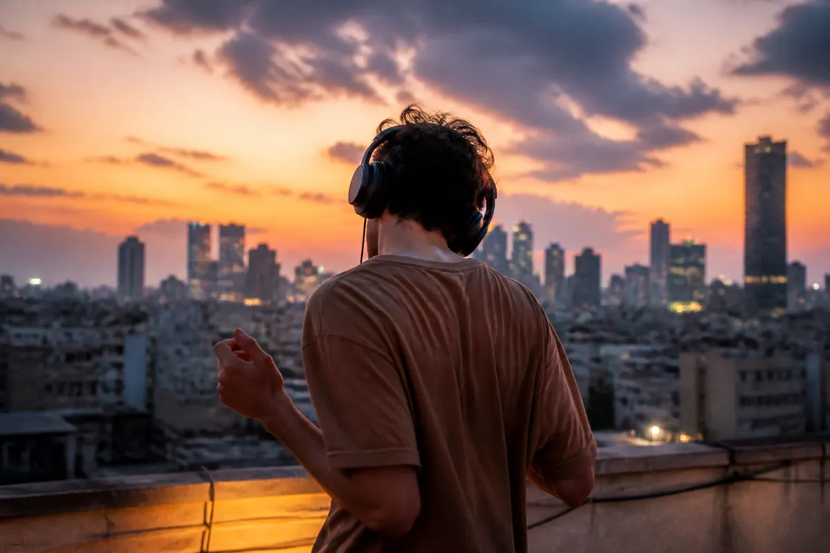 גבר עם אוזניות על גג בתל אביב בשקיעה, מתחיל לזוז לקצב מול קו הרקיע