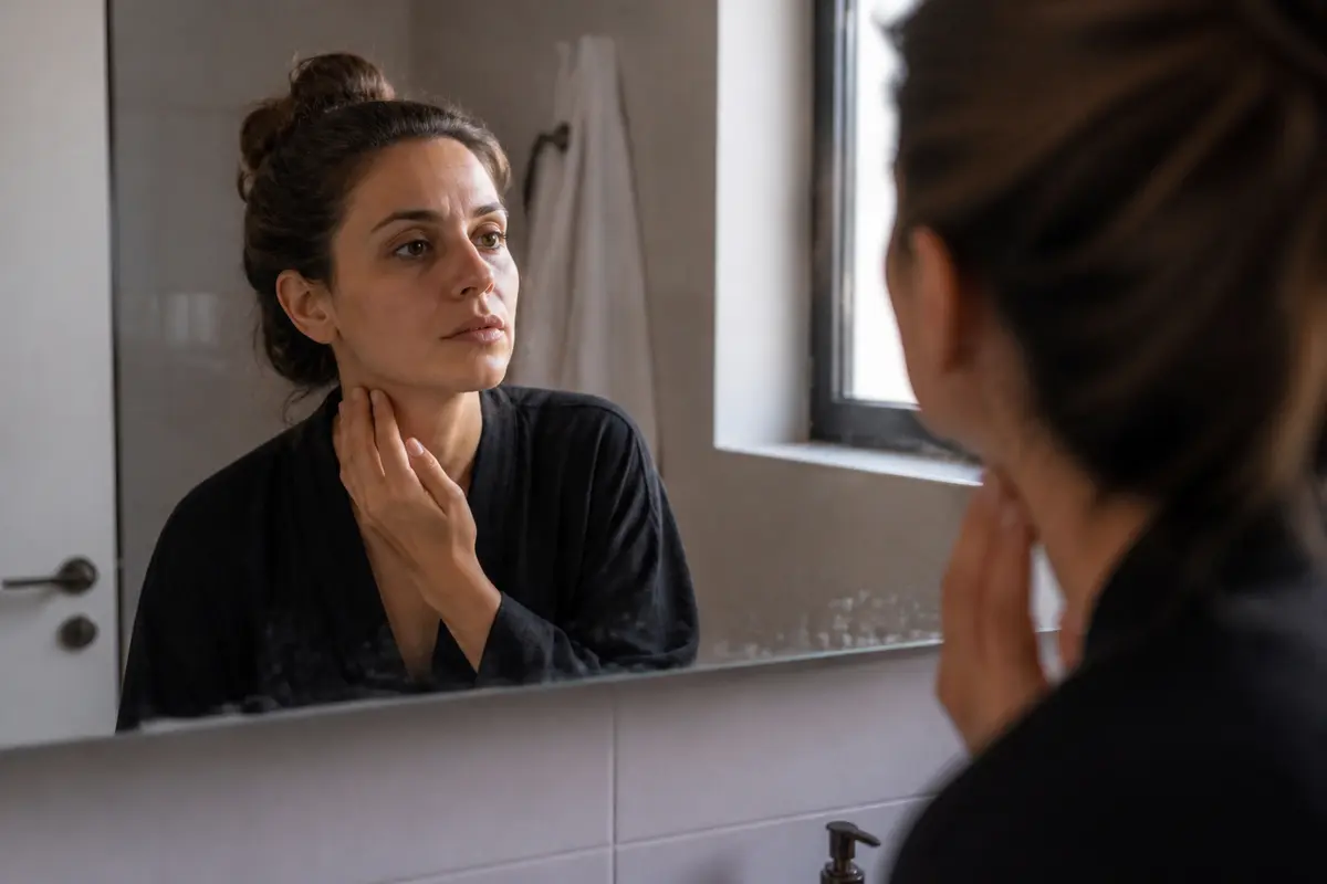 בדיקה אחת של הגוף מרגיעה. העשירית כבר חלק מהמעגל. אישה צעירה עומדת מול מראה בחדר האמבטיה בבוקר ונוגעת בצד הצוואר בדאגה