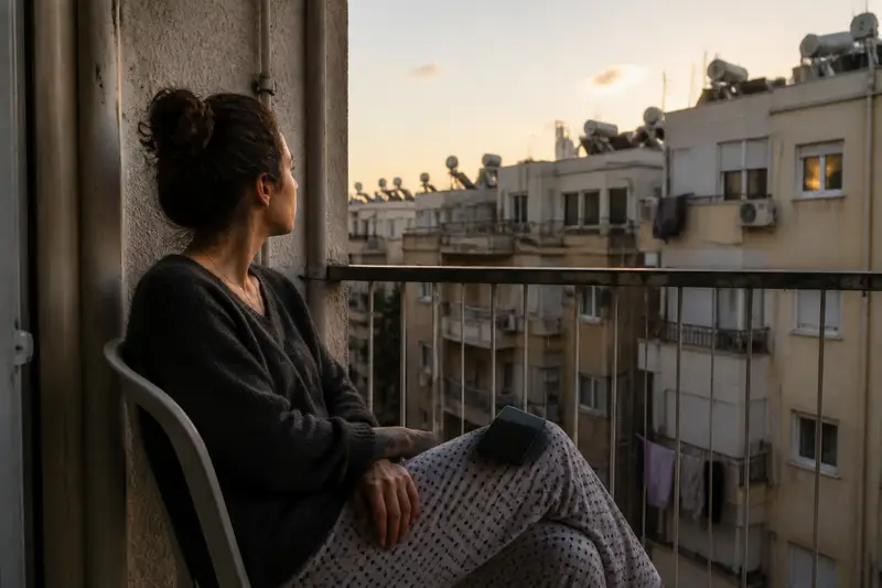 אישה צעירה יושבת לבד במרפסת דירה ברמת גן בשעת דמדומים, הטלפון הפוך על הברך