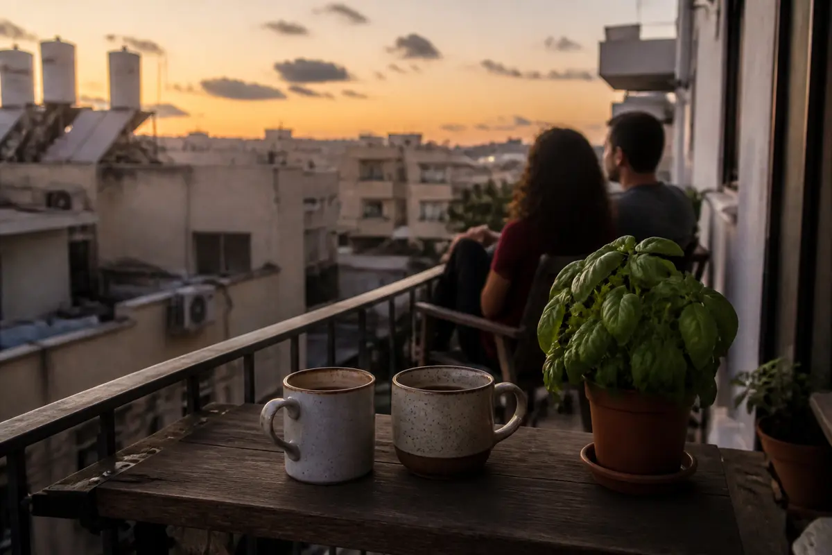 גם שתיקה משותפת במרפסת היא סוג של שיחה. שני ספלי קפה על שולחן קטן במרפסת דירה ישראלית בשעת דמדומים, עציץ בזיליקום, דודי שמש על הגגות וזוג יושב ברקע מחוץ לפוקוס