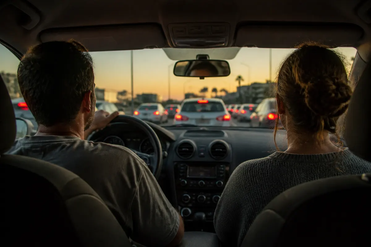 זוג במושבים הקדמיים של רכב בפקק באיילון בשעת דמדומים, מצולם מהמושב האחורי, אורות בלמים אדומים מבעד לשמשה