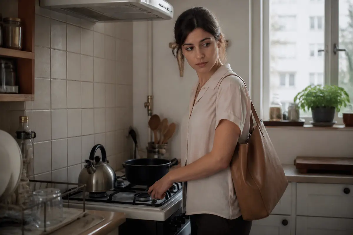 הבדיקה לא נועדה רק לוודא שהגז סגור. היא נועדה להוריד את הספק אישה עם תיק על הכתף עומדת ליד הכיריים במטבח ומהססת לפני שהיא יוצאת