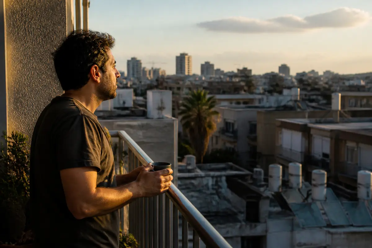 השמות משתנים, גם השכונות. הסוף נשאר מוכר. גבר בסוף שנות השלושים עומד במרפסת דירה בשעת שקיעה עם ספל ביד ומביט על גגות עם דודי שמש
