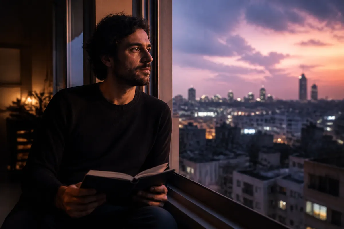 גבר ליד חלון בדירה בתל אביב בשעת דמדומים, מחברת פתוחה בידיו ומבט אל העיר