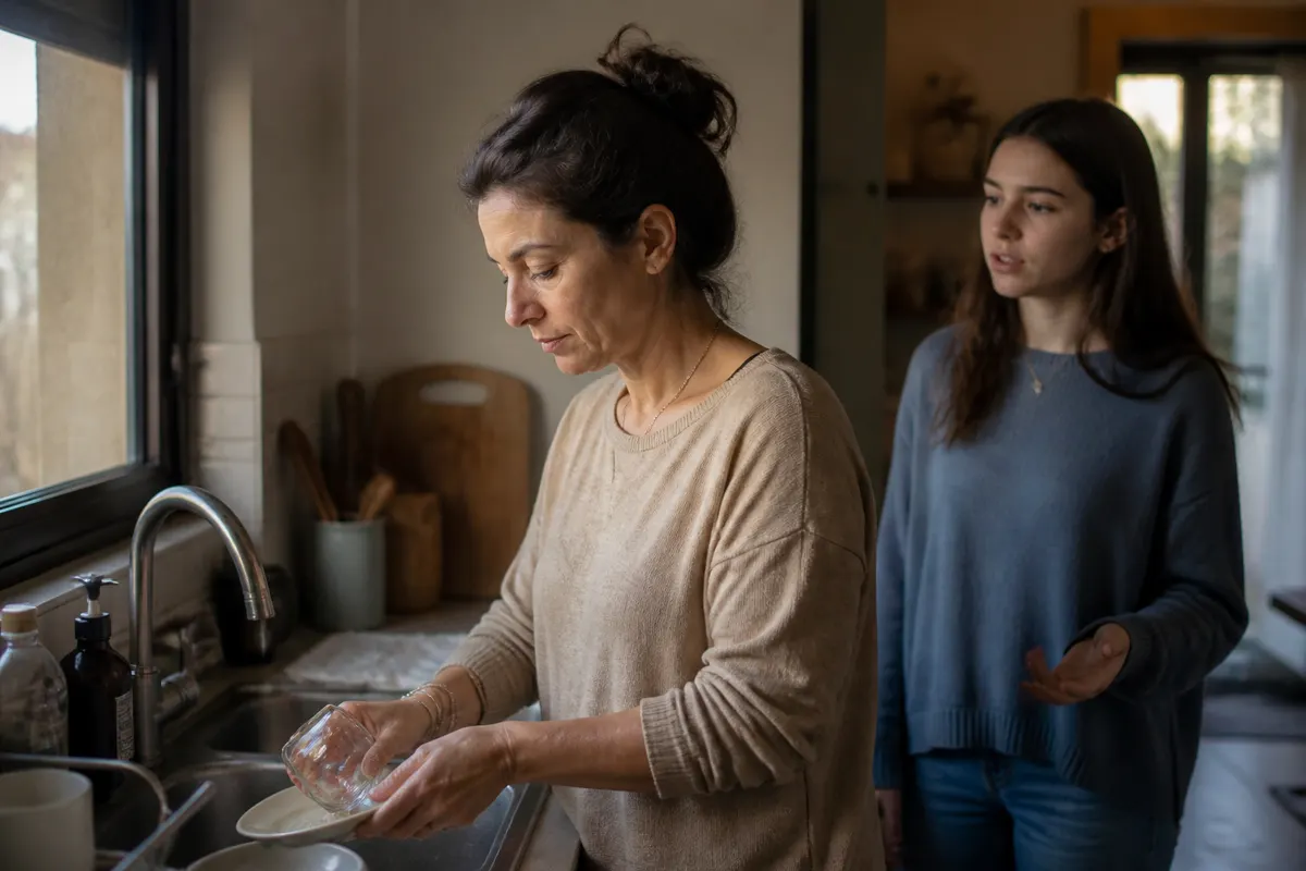 אם שוטפת כלים במטבח ובתה המתבגרת עומדת מאחוריה ומהססת לפני שהיא מדברת