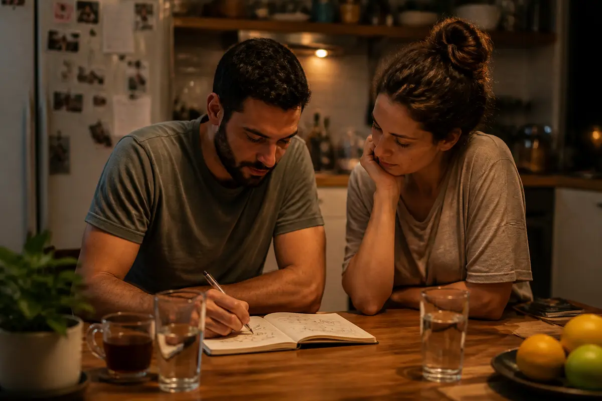 חלום מתחיל לא פעם בשיתוף קטן וכנה ליד שולחן המטבח זוג ליד שולחן המטבח בערב, אחד כותב תוכנית במחברת והשנייה מקשיבה בריכוז