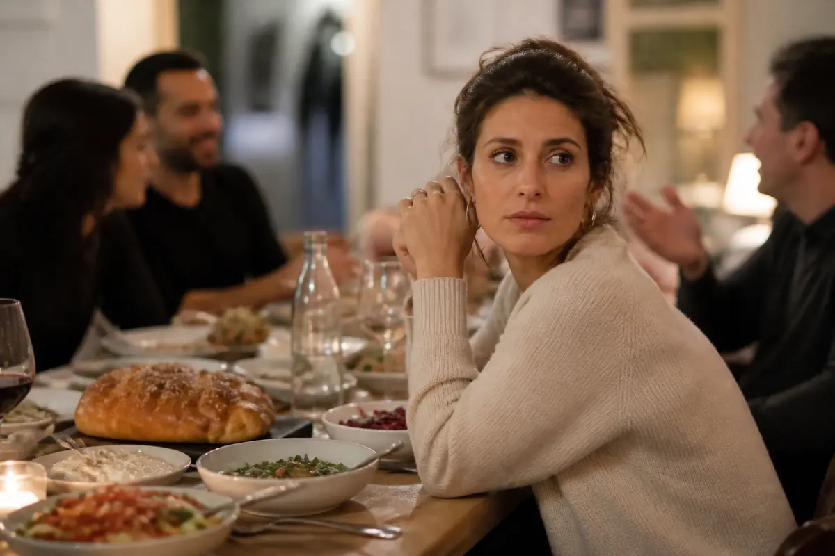 נמצאים ליד השולחן, אבל לא באמת שם. כך נראית פגיעה בתפקוד החברתי מבפנים. אישה בשנות השלושים יושבת בקצה שולחן ארוחת שישי משפחתית, מבטה נודד בזמן שאחרים מדברים