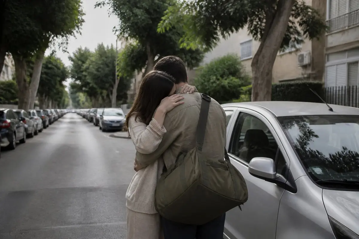 פרידה לפני כמה ימים בנפרד היא בדיוק הרגע שבו סגנון ההתקשרות נעשה גלוי. זוג בשנות העשרים מתחבק ליד מכונית חונה ברחוב שקט בבוקר, הגבר נושא תיק גדול על הכתף, הפנים מוסתרות