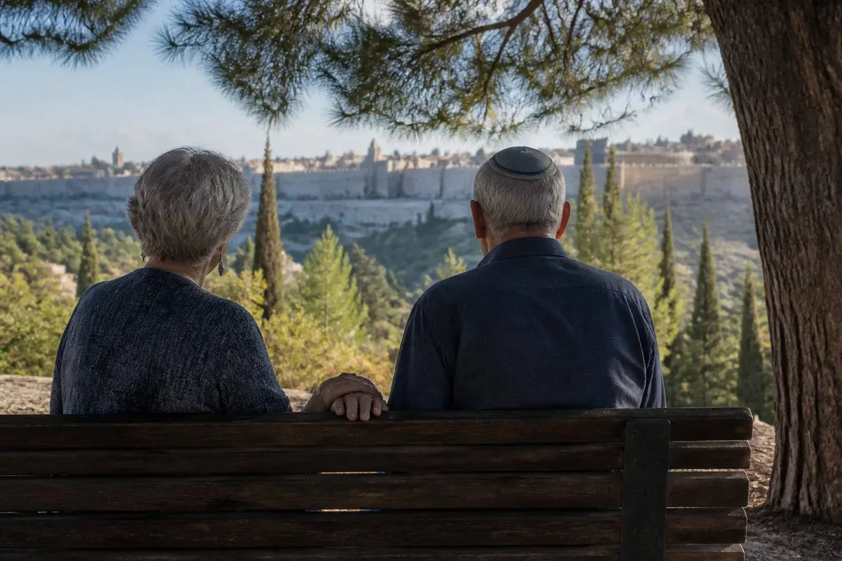 אחרי הרבה שנים יחד, קרבה יכולה להיראות פשוטה מאוד. זוג בשנות השישים יושב על ספסל עץ מתחת לאורן מול חומות העיר העתיקה בירושלים, ידה מונחת על ידו, מצולמים מאחור