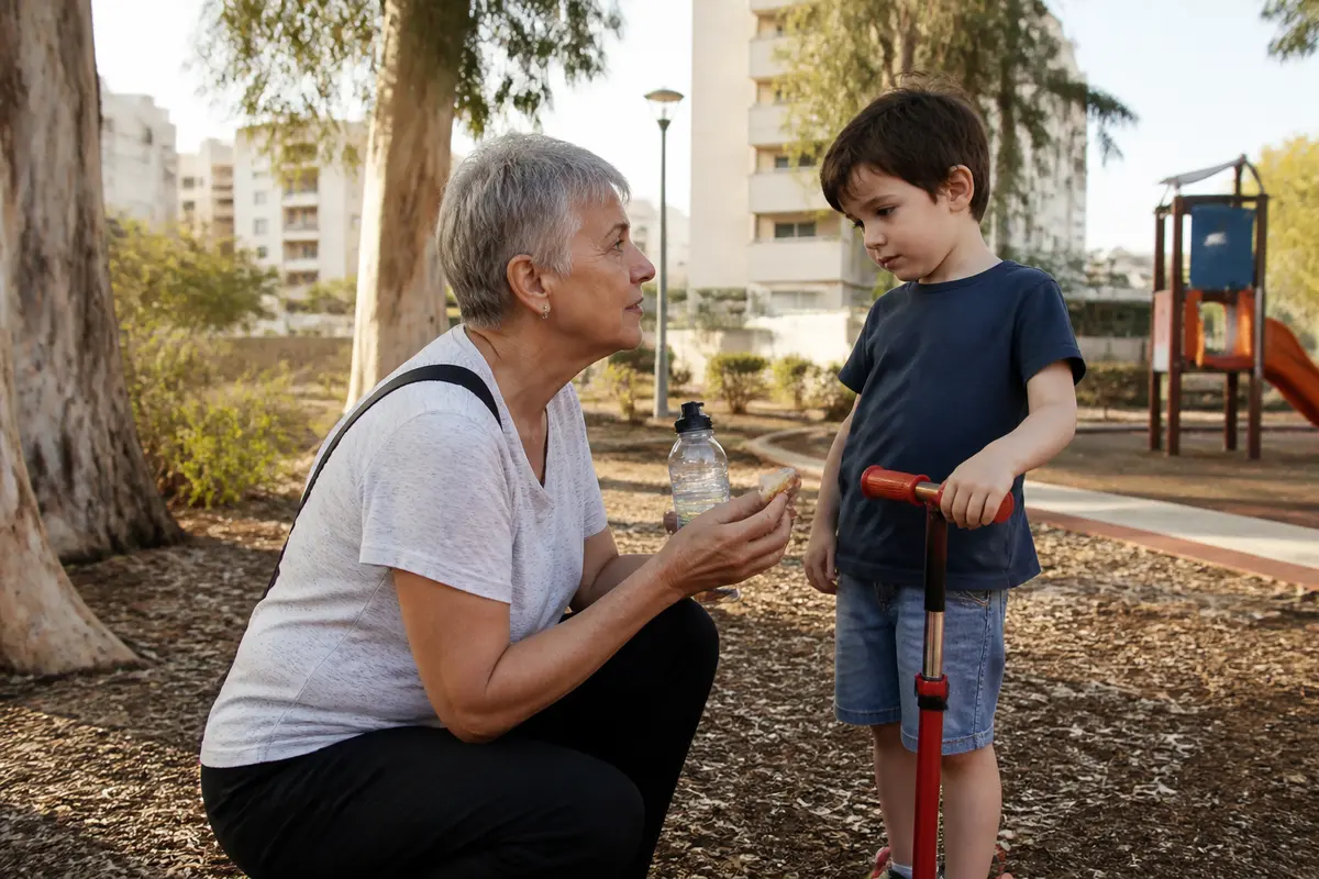 סבתא כורעת בגובה העיניים של נכדה בגינה ציבורית ומציעה לו מים וחטיף