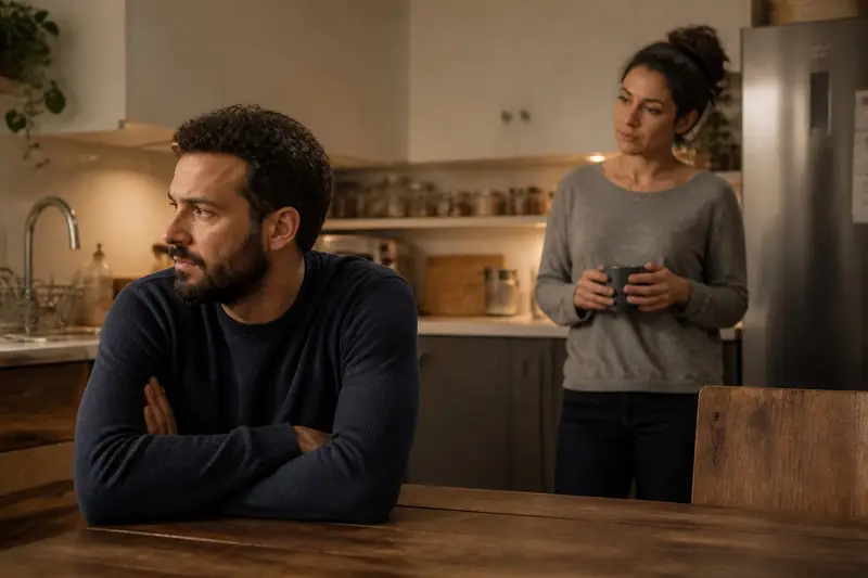 גבר יושב ליד שולחן המטבח בידיים שלובות ומבטו מוסט הצידה, ובת זוגו עומדת מאחוריו עם ספל ומסתכלת עליו בזהירות