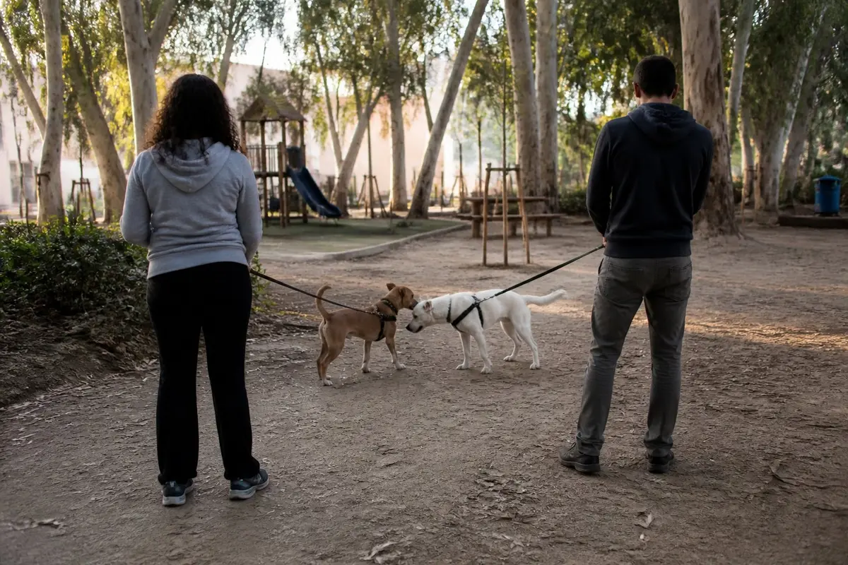 שני אנשים בגינה ציבורית בשעת אחר הצהריים, מצולמים מגבם, כל אחד מחזיק רצועה והכלבים שלהם מרחרחים זה את זה