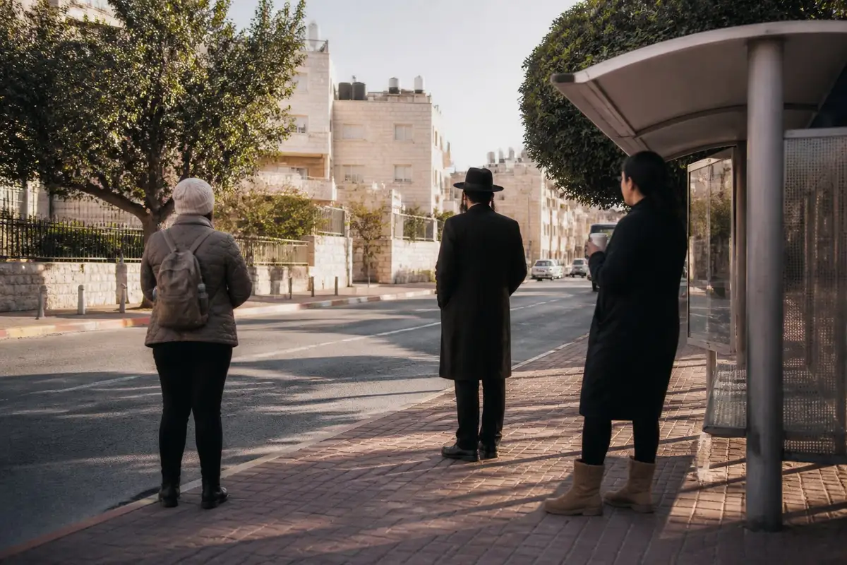תחנת אוטובוס ברחוב מגורים בעיר בבוקר של יום חול, שלושה אנשים ממתינים, אחד מהם מחזיק כוס קפה, בניינים לבנים עם דודי שמש ברקע