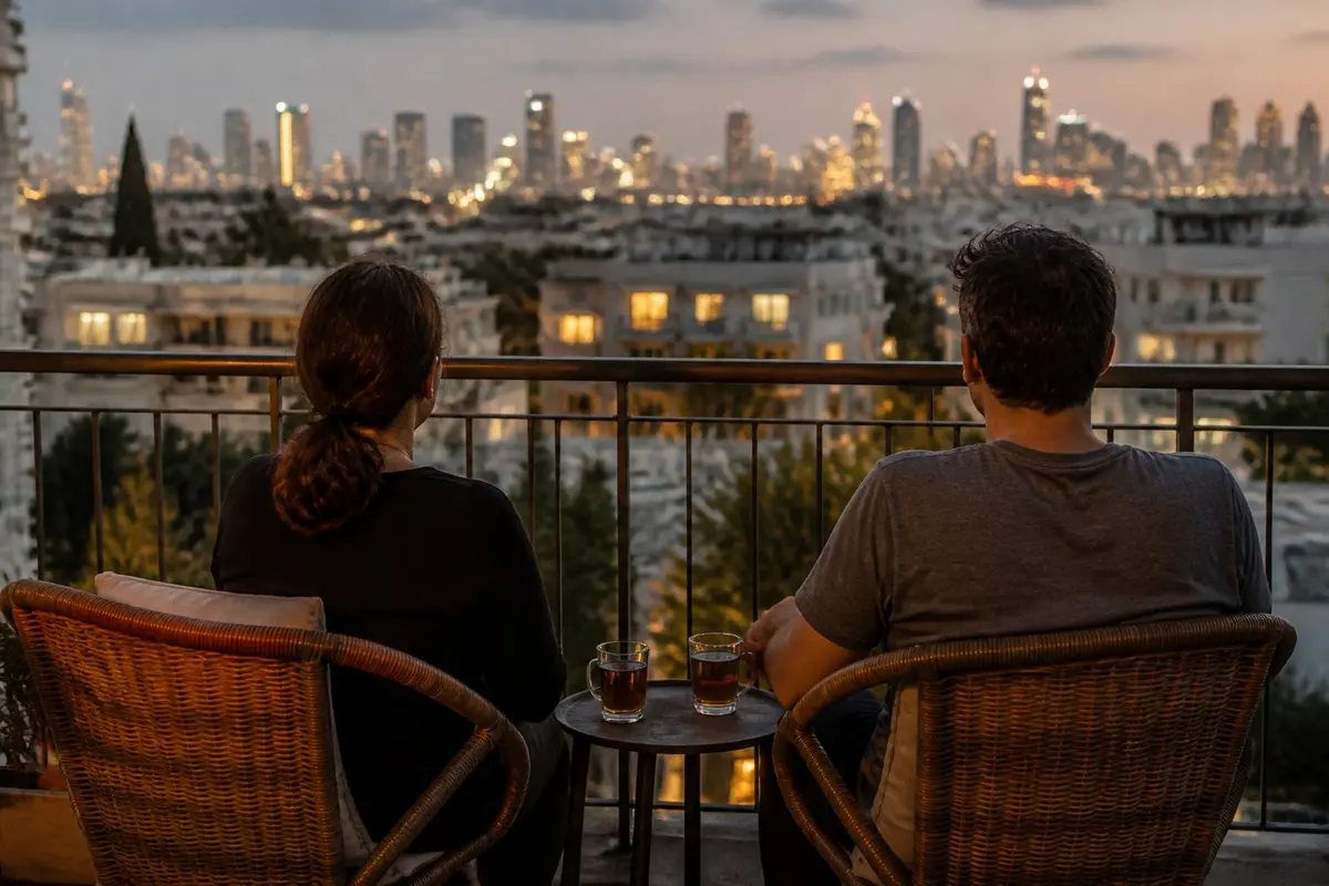 שני מבוגרים יושבים במרפסת בערב עם שתי כוסות תה, מצולמים מאחור