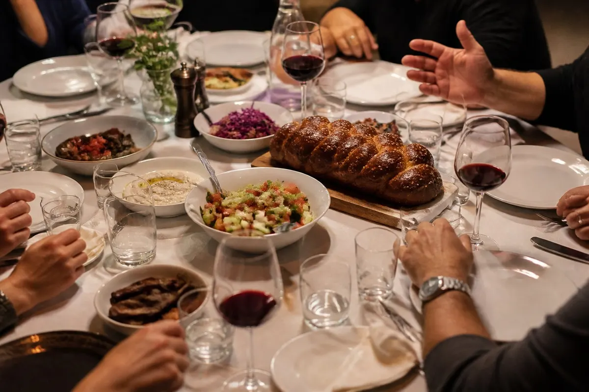 שולחן ארוחת שישי ערוך בבית ישראלי, צלחות, חלה וסלטים, ידיים של כמה בני משפחה סביב השולחן, הפנים לא נראות
