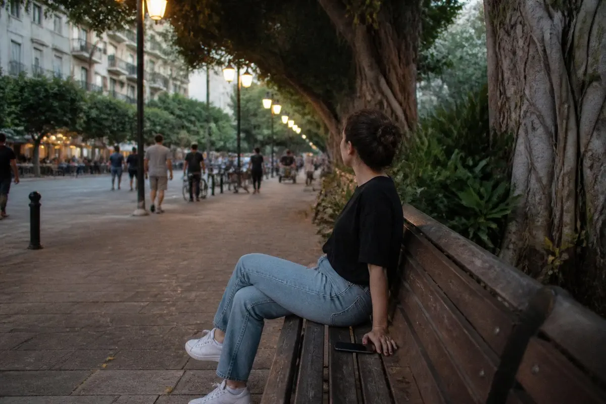 הטלפון מונח הפוך, והראש עדיין שם. אישה יושבת לבד על ספסל בשדרה עירונית בשעת ערב, טלפון מונח הפוך לידה על הספסל, והיא מסתכלת קדימה