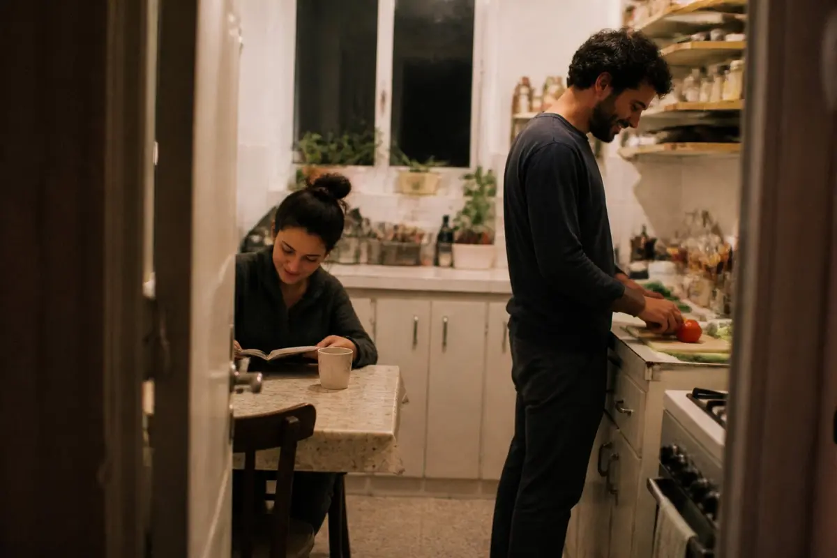 קרבה טובה משאירה מקום לשניים. זוג במטבח בערב, כל אחד עסוק בדבר אחר, היא קוראת ספר ליד השולחן והוא חותך ירקות, ושניהם רגועים