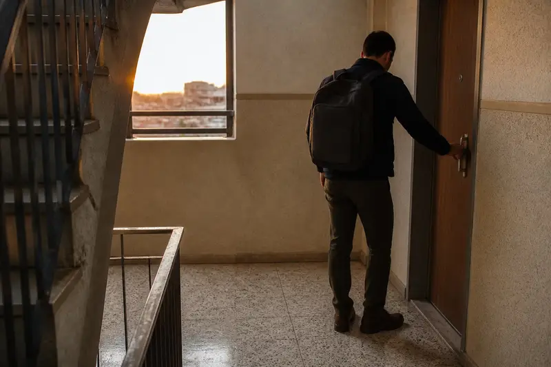 גבר בסוף שנות השלושים עם תיק גב עומד בחדר המדרגות של בניין מגורים בשעת ערב, ידו על ידית הדלת, רגע לפני שהוא נכנס הביתה, מצולם מאחור