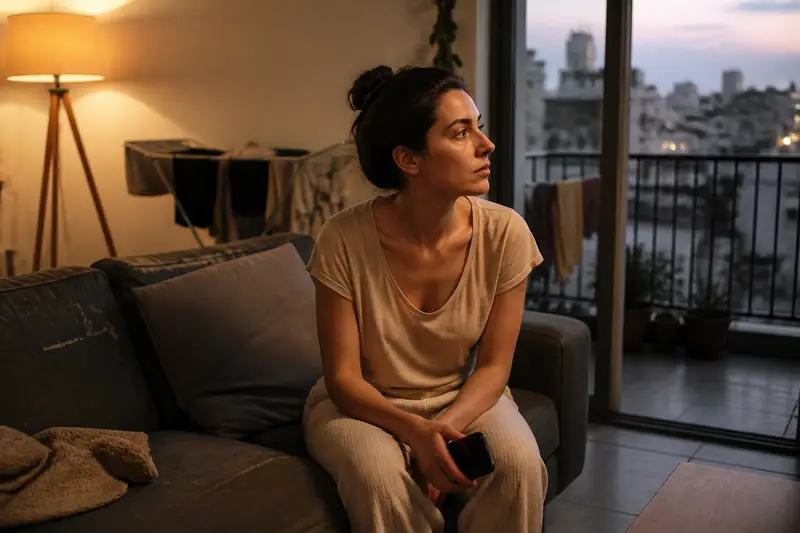 אישה בתחילת שנות השלושים יושבת על ספה בדירה שכורה בתל אביב בשעת ערב, טלפון בידה, מביטה לעבר דלת המרפסת במבט מהורהר, מתקן כביסה ומנורה רכה ברקע