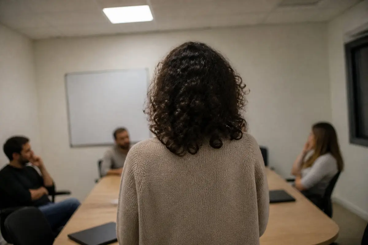 אישה עם שיער מתולתל, מצולמת מאחור, עומדת בראש שולחן בחדר ישיבות קטן ומדברת אל שלושה עמיתים שיושבים סביבו