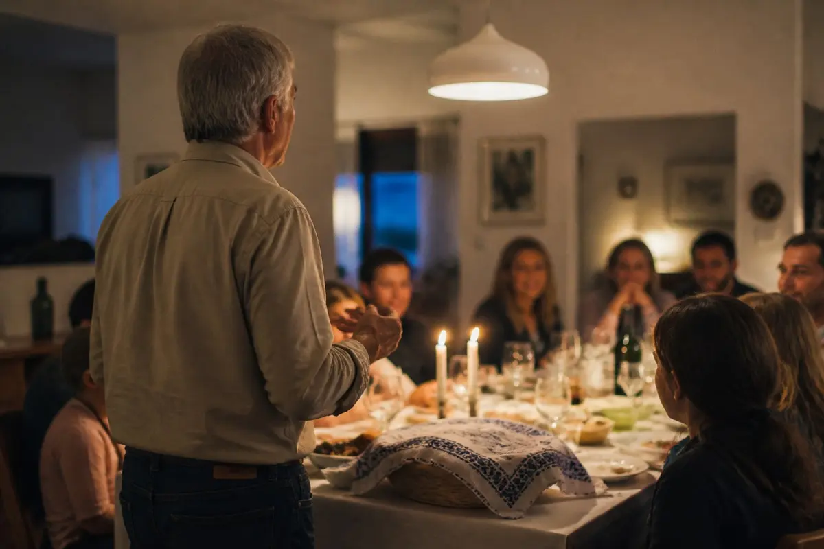 גבר בשנות השישים לחייו עומד ליד שולחן ארוחת שישי ומדבר אל בני המשפחה, מצולם מאחור, ולידו נרות וחלה מכוסה במפית