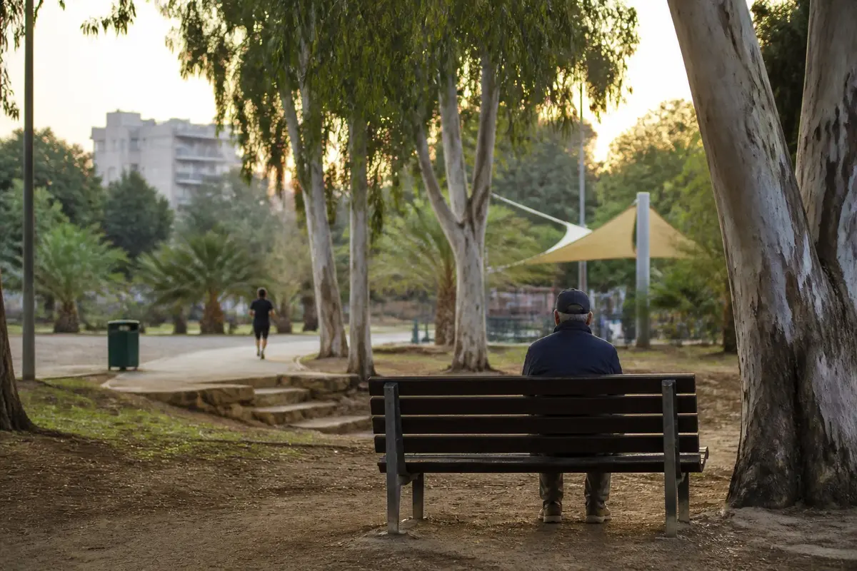 החיים מסביב חוזרים לקצב שלהם, וזה לא אומר שהאבל נגמר אדם יושב לבד על ספסל בפארק שכונתי תחת עצי אקליפטוס, מצולם מאחור ממרחק