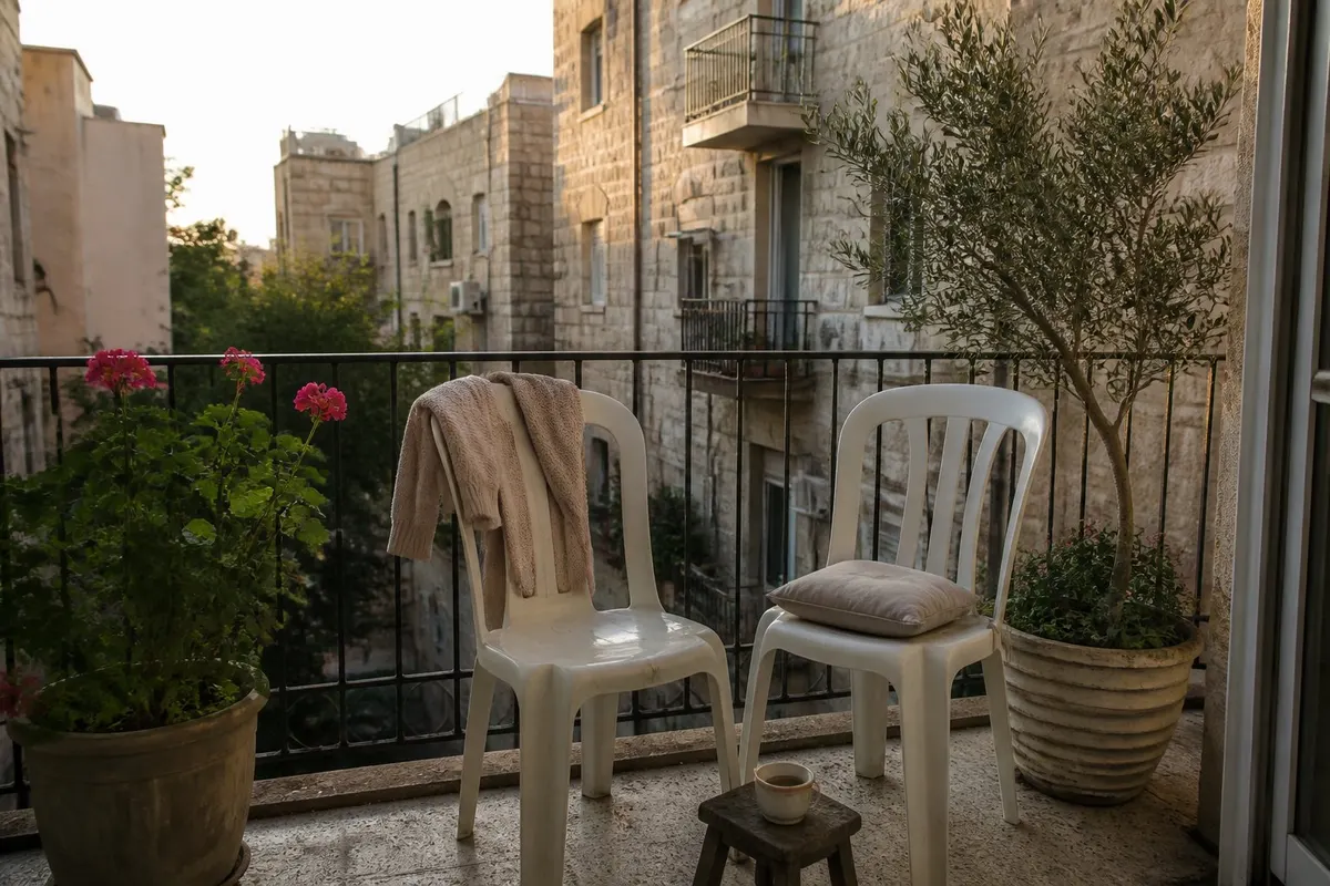 מרפסת קטנה בבניין אבן ישן, שני כיסאות פלסטיק לבנים, על אחד מהם תלוי סוודר צמר