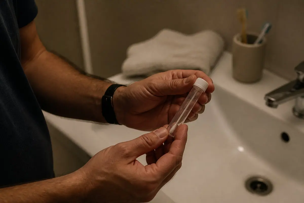 בדיקת רוק נאספת בבית, בערב, בשעה שהרופא קובע. ידיים של גבר מחזיקות מבחנה שקופה וקטנה עם פקק לבן מעל כיור לבן בחדר אמבטיה, בתאורת ערב חמימה ועמומה, מגבת מקופלת וכוס מברשות שיניים ברקע