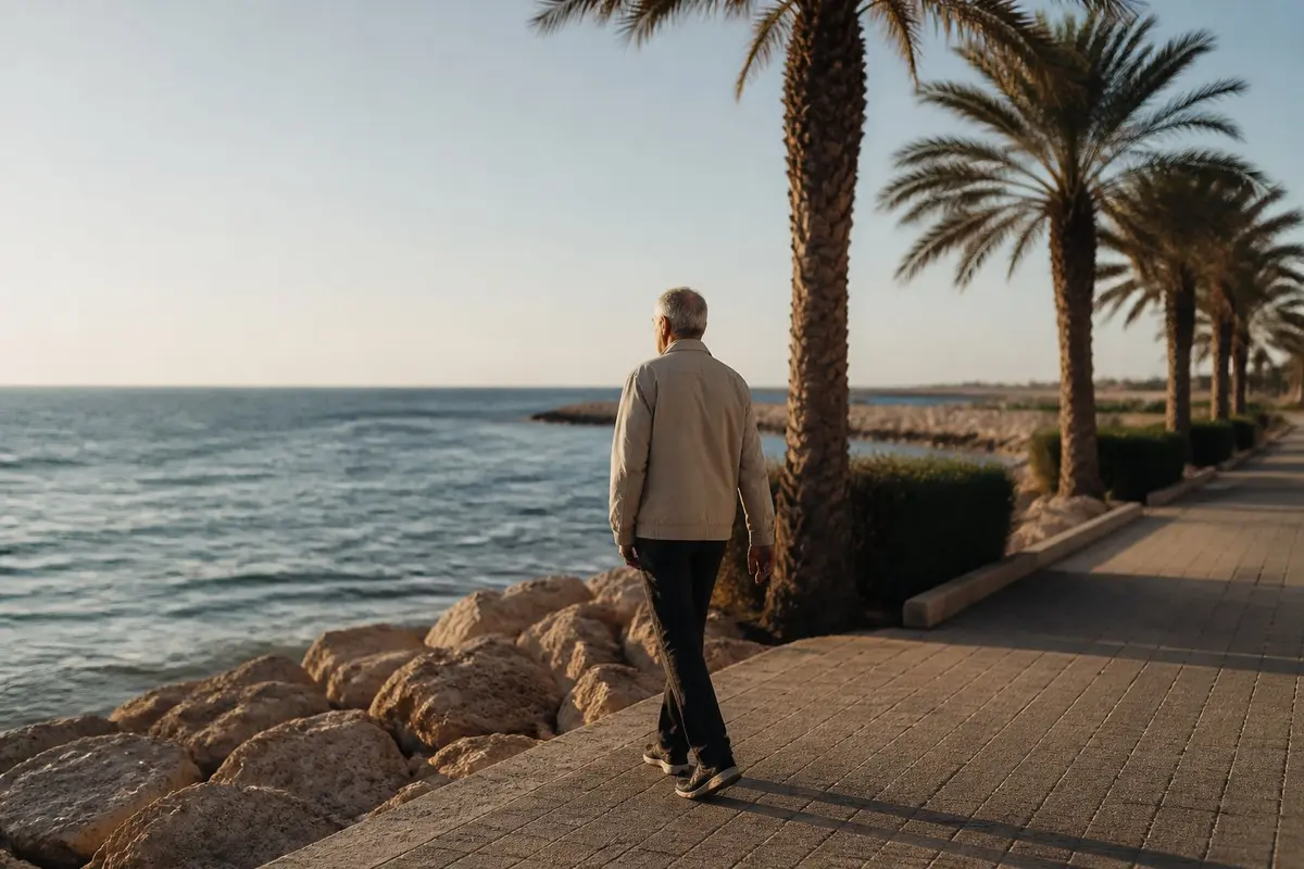 הליכה רגועה באור בוקר עוזרת לשעון הביולוגי, ולא מעלה קורטיזול כמו אימון עצים. גבר בשנות השישים בז'קט בהיר צועד לבד בטיילת לאורך חוף הים בבוקר מוקדם, לצד שורת דקלים וסלעים, באור שמש נמוך, מצולם מאחור