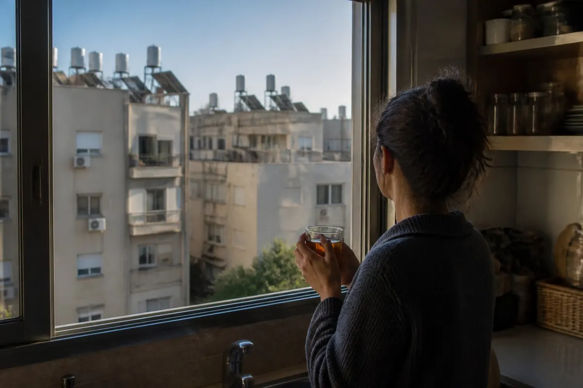 אישה בשנות הארבעים עומדת ליד חלון המטבח בבוקר מוקדם, מחזיקה כוס תה בשתי ידיים ומביטה החוצה אל בנייני מגורים עם דודי שמש על הגגות, מצולמת מאחור