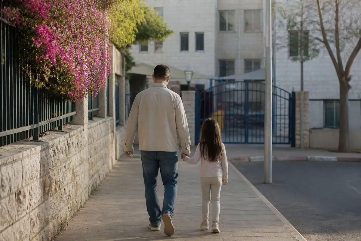אב וילדה בת שבע הולכים יד ביד על המדרכה אל שער של בית ספר יסודי בבוקר, מצולמים מגבם