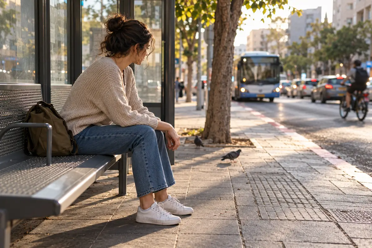 קרקוע יכול להתחיל ברגליים על הרצפה אישה יושבת בתחנת אוטובוס ומקרקעת את עצמה